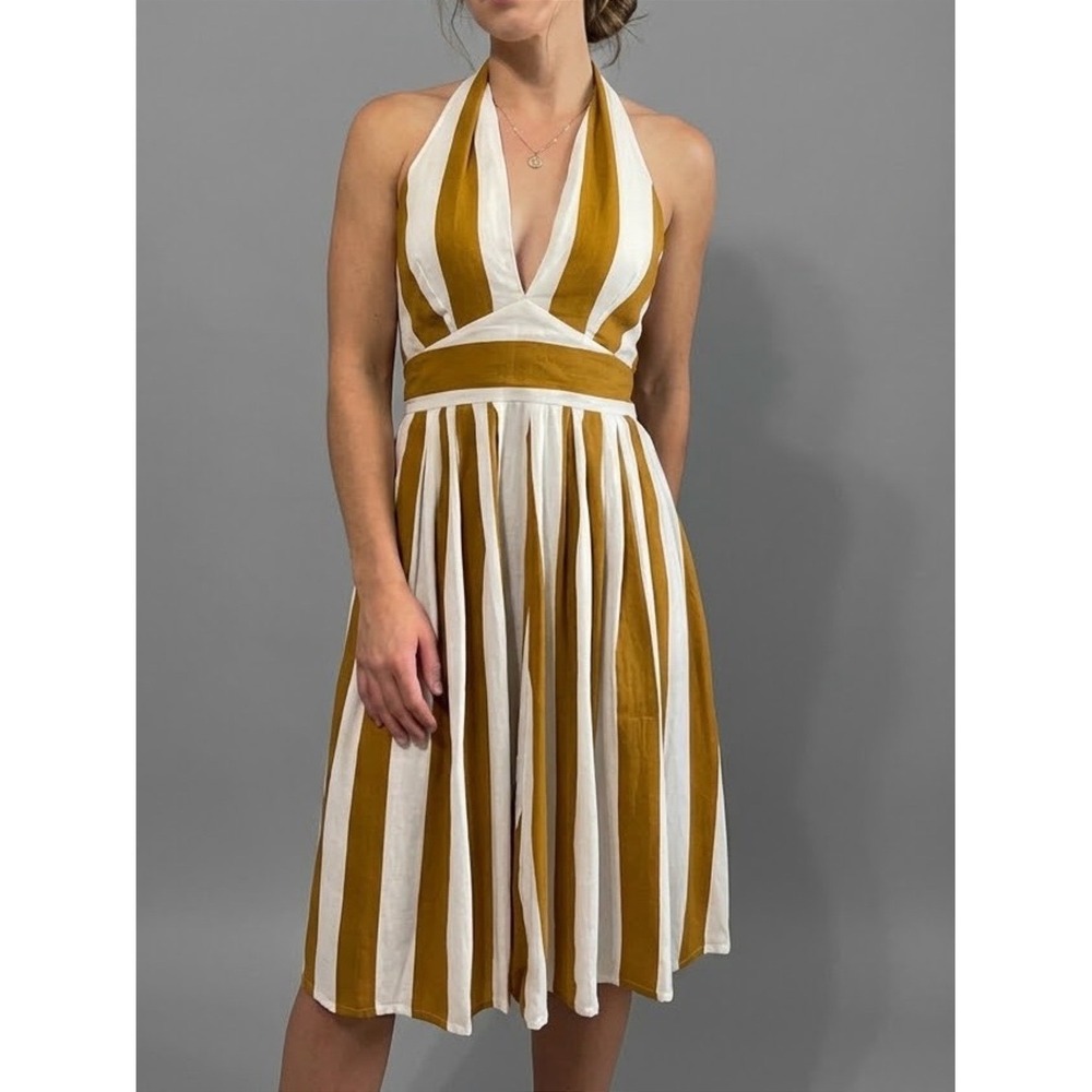 NEUW Daphne Dress Revolve Yellow White Striped Halter Womens Size 10 M
